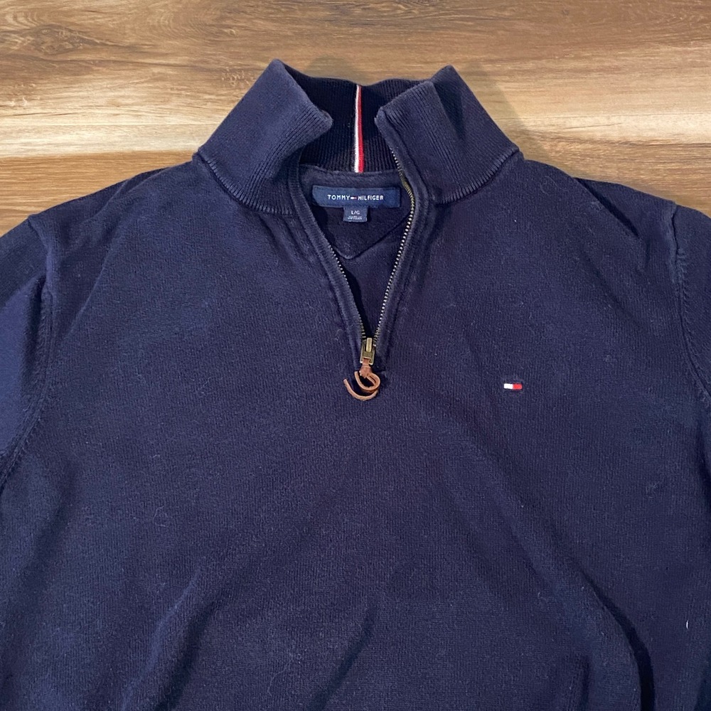 Tommy Hilfiger Sweater Mens Large Navy Blue 100% Cotton Quarter Zip Mock Neck